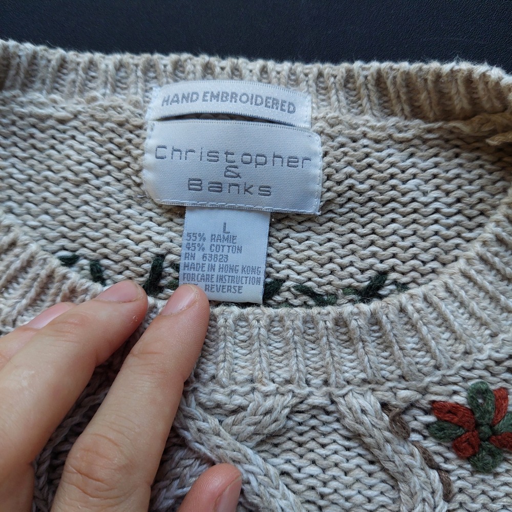 Christopher & Banks Vintage Hand Embroidered Fall Leaf Cable Knit Sweater Large - Picture 3 of 7